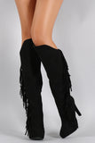 Qupid Suede Asymmetrical Fringe Pointy Toe Heeled Knee High Boot