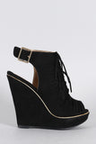 Qupid Suede Slit Fringe Peep Toe Slingback Mule Wedge