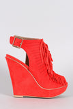 Qupid Suede Slit Fringe Peep Toe Slingback Mule Wedge