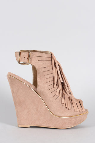 Qupid Suede Slit Fringe Peep Toe Slingback Mule Wedge