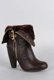 Bamboo Faux Fur Cuff Buckle Strap Heeled Ankle Boots