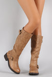 Contrast Zipper Studded Round Toe Riding Knee High Boot