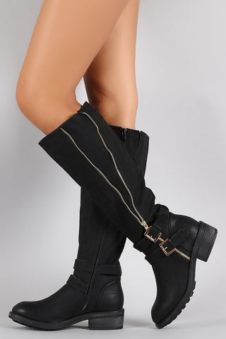 Buckle Zipper Round Toe Riding Knee High Boot