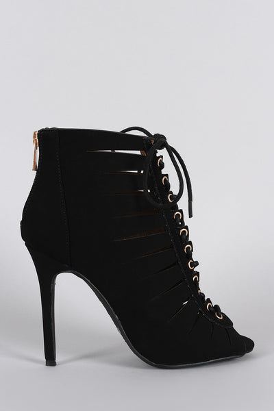 Anne Michelle Nubuck Slit Lace Up Peep Toe Bootie