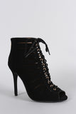 Anne Michelle Nubuck Slit Lace Up Peep Toe Bootie