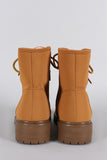 Bamboo Shearling Cuff Round Toe Lace Up Combat Work Ankle Boots