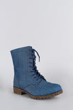 Bamboo Denim Round Toe Lace Up Lug Sole Combat Ankle Boots