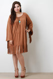 Bohemian Suede Long Sleeve Fringe Accents Mini Dress