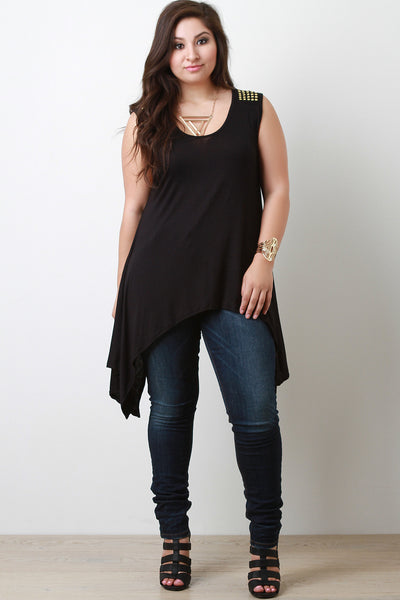 Asymmetrical Handkerchief Hem Round Studded Knit Sleeveless Top