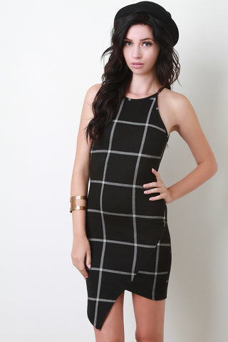 Plaid Grid Asymmetrical Sleeveless Mini Dress