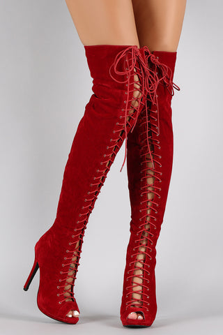 Liliana Peep Toe Lace Up Stiletto Thigh High Boot