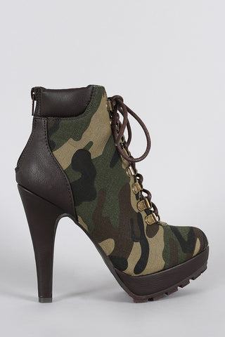 Anne Michelle Camouflage Military Lace Up Lug Sole Platform Heeled Booties