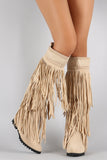 Fringe Woven Pointy Toe Knee High Hidden Wedge Boot