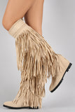 Fringe Woven Pointy Toe Knee High Hidden Wedge Boot