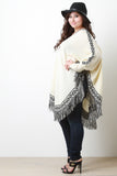 Abstract Print Fringe Trim Long Sleeves Poncho