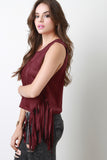 Vegan Suede Sleeveless Plunging Armholes Side Fringe Top