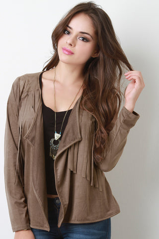 Southwestern Fringe Open Draped Front Suede Jacket