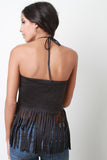 Suede Fringe Open Back Halter Sleeveless Top