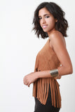 Suede Fringe Open Back Halter Sleeveless Top