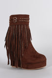 Suede Studded Fringe Round Toe Platform Wedge Booties