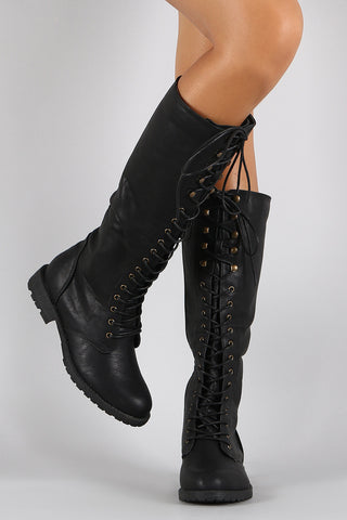 Lace Up Flat Knee High Combat Boot