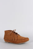 Bamboo Suede Round Toe Fringe Lace Up Moccasin Flat Booties