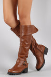 Bamboo Fold Over Cuff Contrast Zipper Studded Riding Knee High Boot