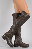 Bamboo Fold Over Cuff Contrast Zipper Studded Riding Knee High Boot