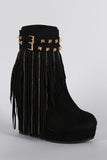 Studded Suede Chain Fringe Platform Wedge Bootie