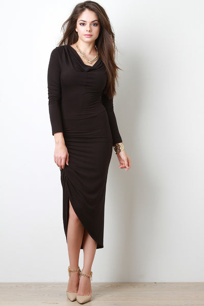 Cowl Neck Side Ruched Midi Dress