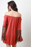 Off Shoulder Suede Contrast Fringe Long Bell Sleeves Top