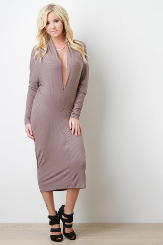 Ribbed Plunging Neckline Midi Dress