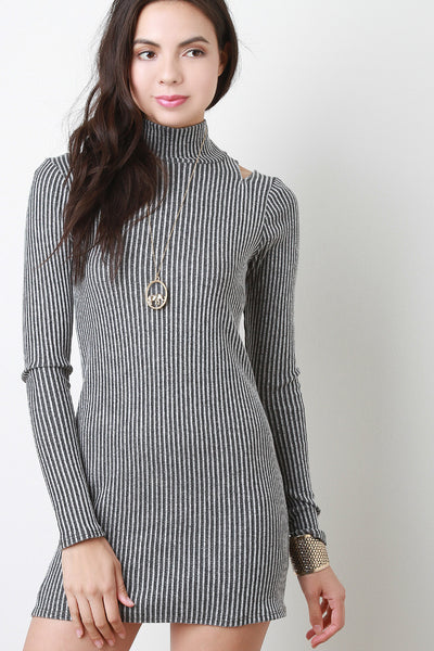 Rib Knit Turtleneck Cut-Out Mini Dress