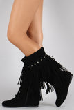 Suede Studded Layered Fringe Round Toe Knee High Boot