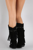 Suede Studded Layered Fringe Round Toe Knee High Boot