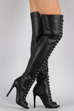 Vegan Leather Lace Up Peep Toe Stiletto Thigh High Boots