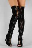 Vegan Suede Lace Up Peep Toe Stiletto Thigh High Boots