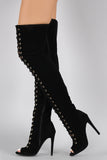 Vegan Suede Lace Up Peep Toe Stiletto Thigh High Boots