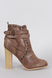 Qupid Distressed Strappy Stitched Thick Heeled Ankle Boots