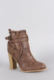 Qupid Distressed Strappy Stitched Thick Heeled Ankle Boots