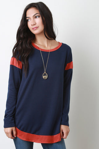 Two Tone Suede Round Neck Long Sleeves Top