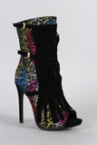 Geometric Print Buckle Fringe Peep Toe Stiletto Mid Calf Boots