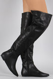 Qupid Patched Pointy Toe Over-The-Knee Flat Boots