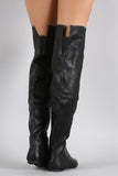 Qupid Patched Pointy Toe Over-The-Knee Flat Boots