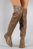 Qupid Patched Pointy Toe Over-The-Knee Flat Boots