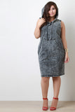 Acid Wash Denim Sleeveless Pocket Hooded Midi Dress