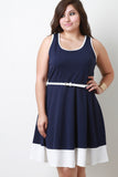 Contrast Belted Sleeveless Skater Dress