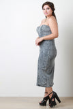 Acid Wash Denim Zipper Strapless Tube Midi Dress