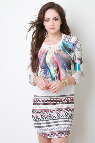 Feather and Geo Print Long Sleeve Dress