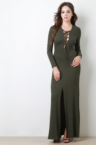 Lace Up Front Slit Striped Maxi Dress